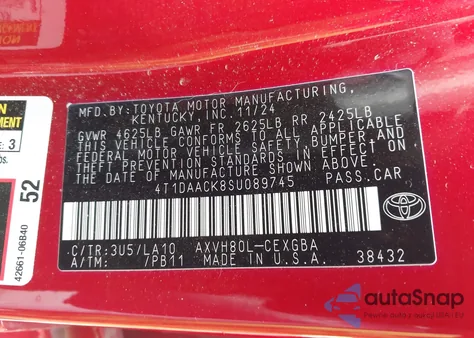 2025 Toyota Camry Xle z USA, uszkodzony, nr VIN 4T1DAACK8SU089745